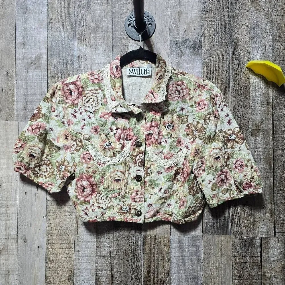Switch Vintage 90s Floral Tapestry Cropped Skirt Suit M/9 Cottage Retro Femme